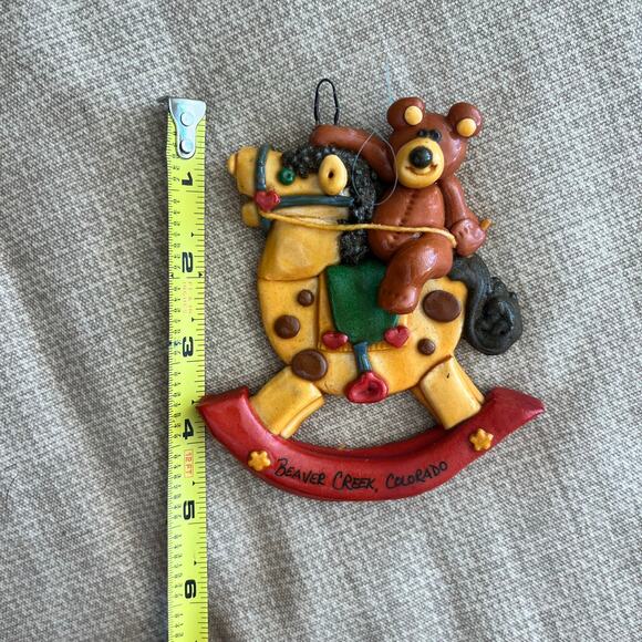 Vintage Beaver Creek, CO Bear on Rocking Horse Clay Christmas Ornament - Picture 2 of 3